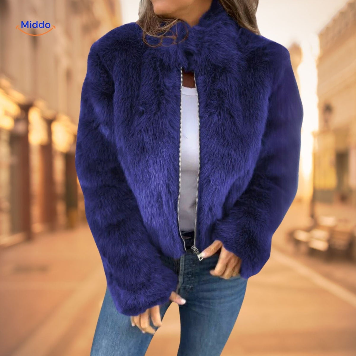 Women's Plush High-Neck Zip Coat – Soft Faux Fur Winter Jacket for Everyday & Dressy Looks