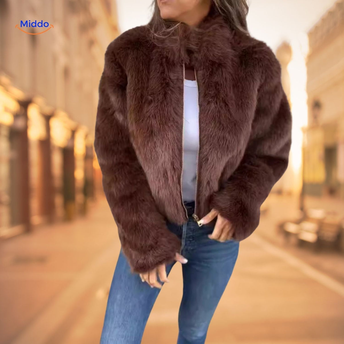 Women's Plush High-Neck Zip Coat – Soft Faux Fur Winter Jacket for Everyday & Dressy Looks
