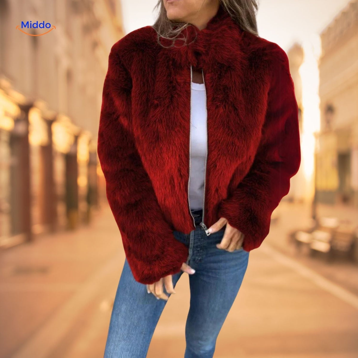 Women's Plush High-Neck Zip Coat – Soft Faux Fur Winter Jacket for Everyday & Dressy Looks