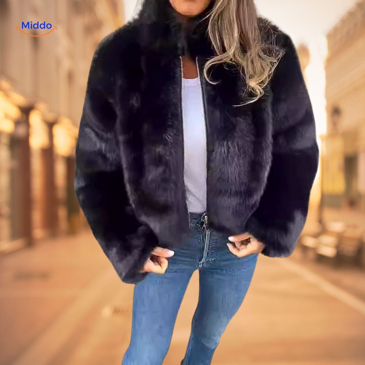 Women's Plush High-Neck Zip Coat – Soft Faux Fur Winter Jacket for Everyday & Dressy Looks