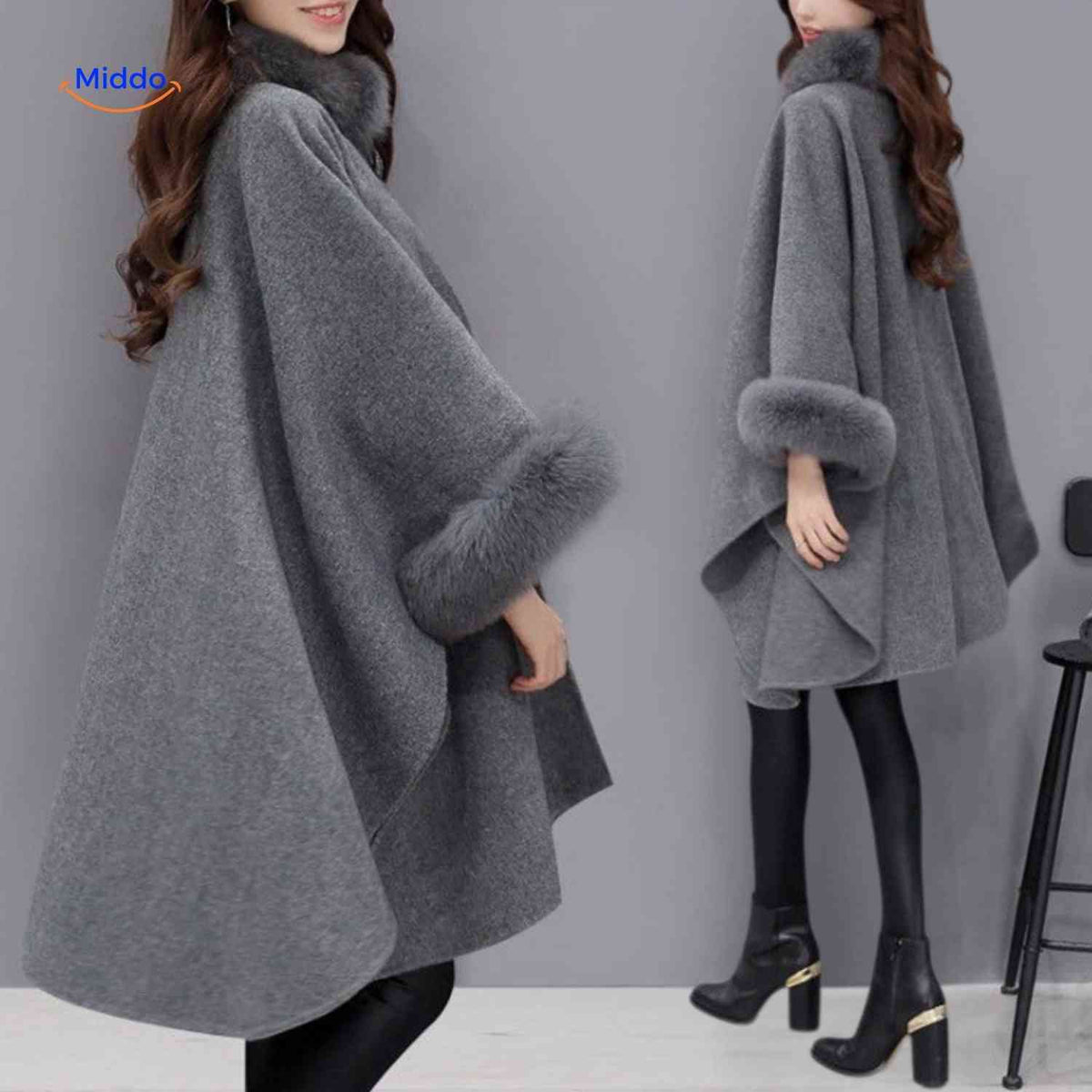 Women's Wool Cape Coat with Oversized Faux Fur Collar – A-Line Winter Wrap, 3/4 Sleeve, Plus Size Available