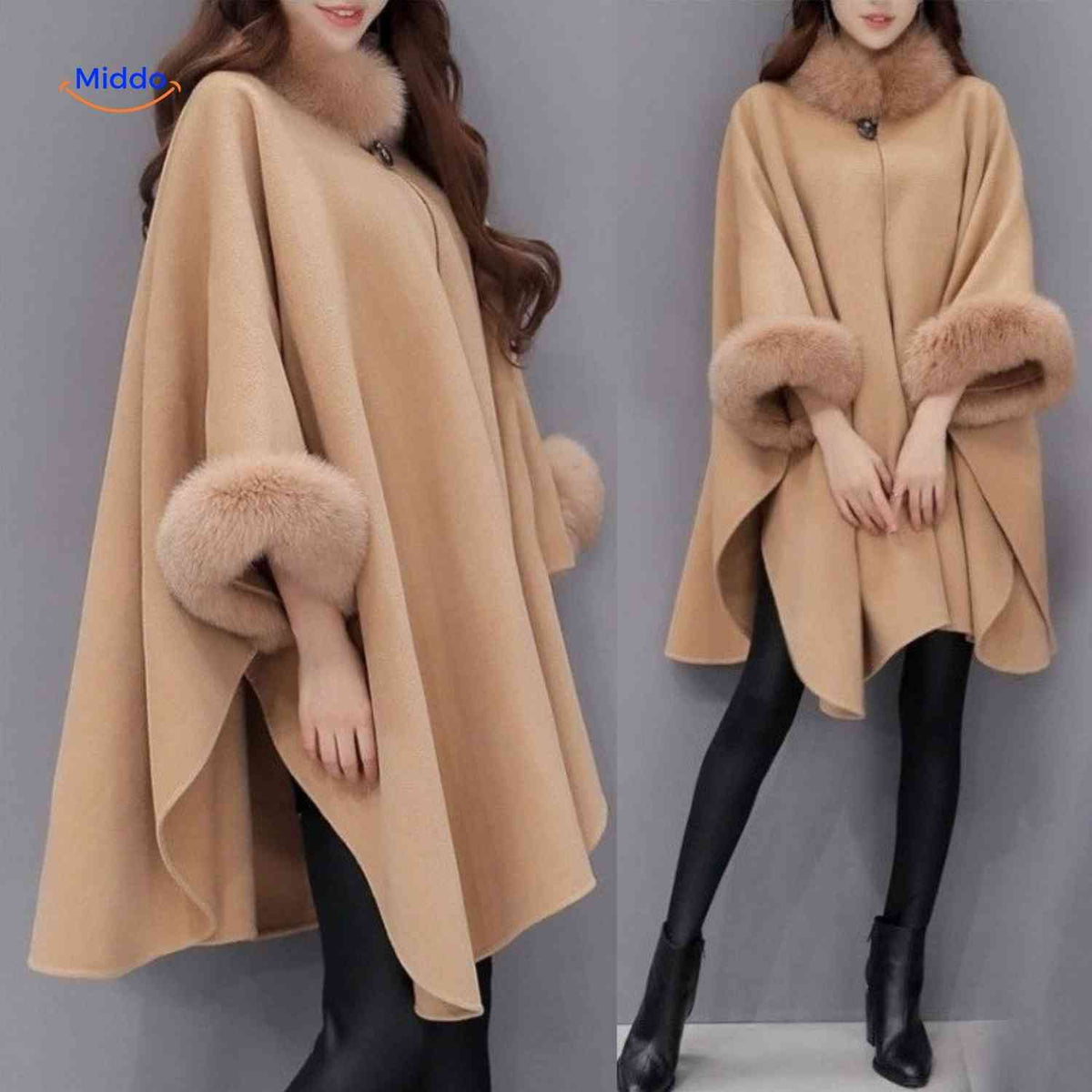 Women's Wool Cape Coat with Oversized Faux Fur Collar – A-Line Winter Wrap, 3/4 Sleeve, Plus Size Available