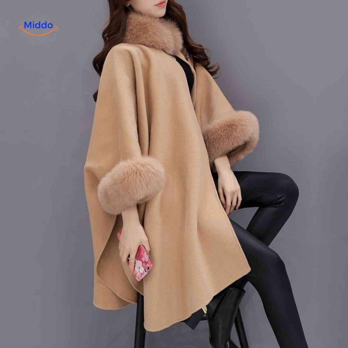 Women's Wool Cape Coat with Oversized Faux Fur Collar – A-Line Winter Wrap, 3/4 Sleeve, Plus Size Available