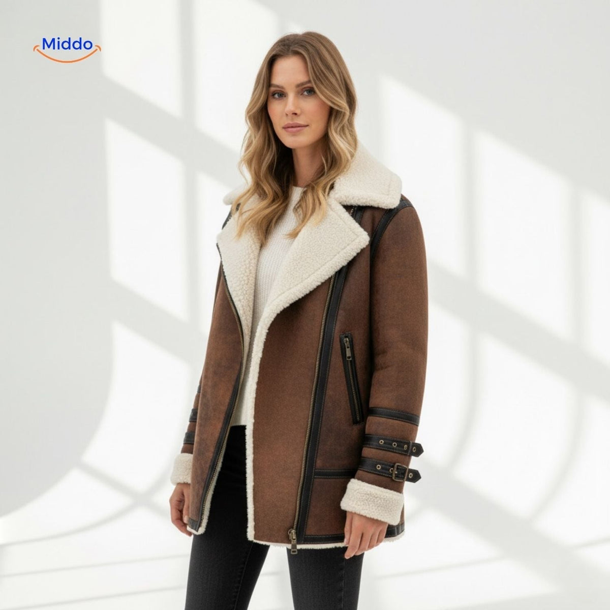 Women's Faux Suede Long Coat with Plush Faux Fur Lining – Windproof Full-Length Winter Jacket