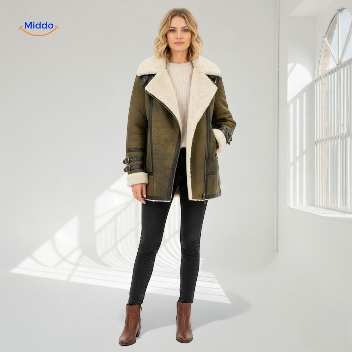 Women's Faux Suede Long Coat with Plush Faux Fur Lining – Windproof Full-Length Winter Jacket