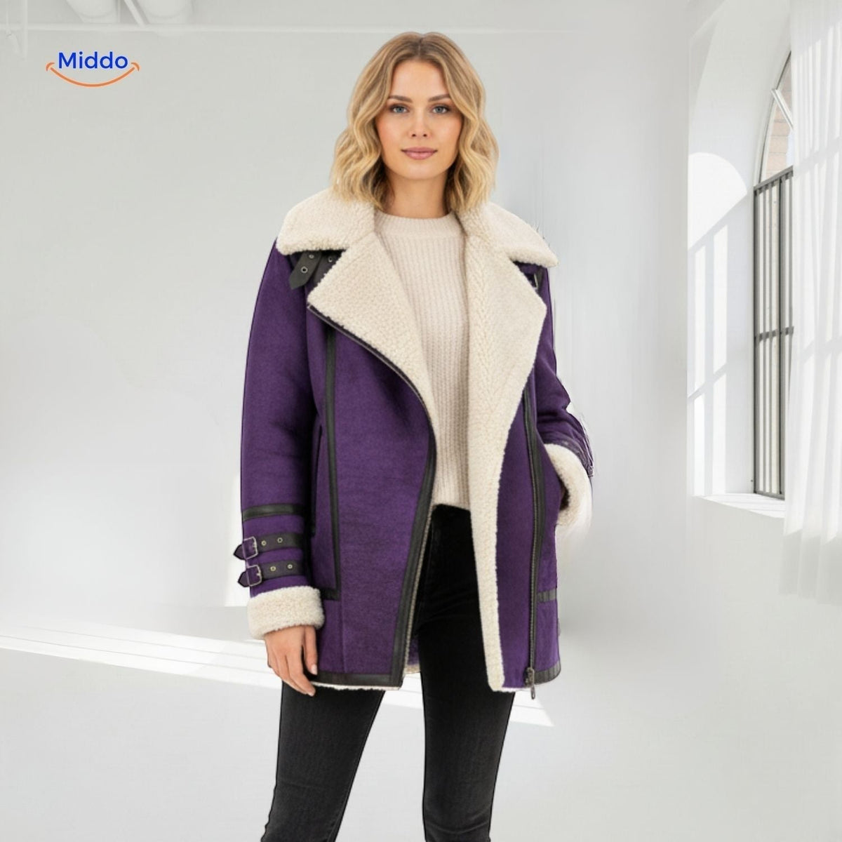 Women's Faux Suede Long Coat with Plush Faux Fur Lining – Windproof Full-Length Winter Jacket