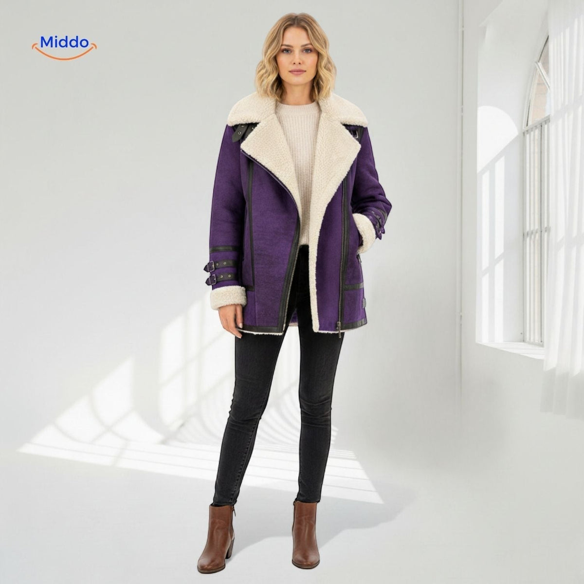 Women's Faux Suede Long Coat with Plush Faux Fur Lining – Windproof Full-Length Winter Jacket