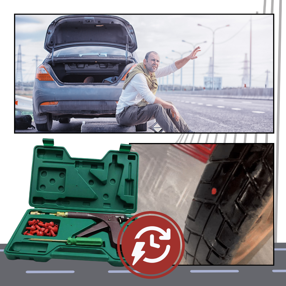 Automatische reparatieset voor tubeless banden met paddenstoelpluggen en trekmechanisme