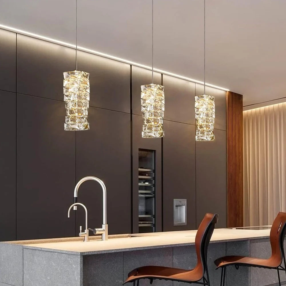 Layered Glass LED Hanging Light 10 in Vertical Drop Chrome Gold Kitchen Island Dining Room Ceiling Fixture Modern Stacked Crystal Pendant Ba | Thomler
