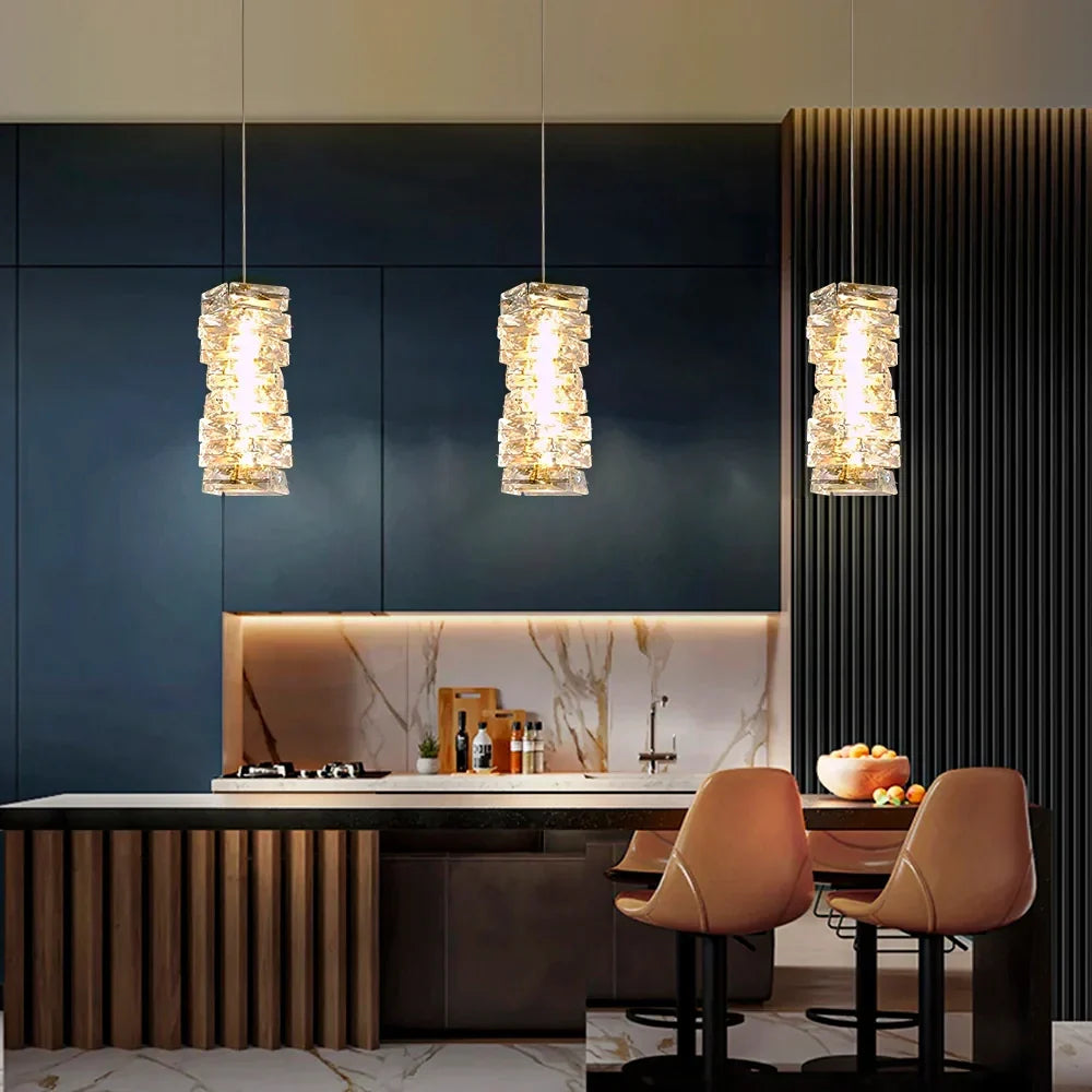 Layered Glass LED Hanging Light 10 in Vertical Drop Chrome Gold Kitchen Island Dining Room Ceiling Fixture Modern Stacked Crystal Pendant Ba | Thomler