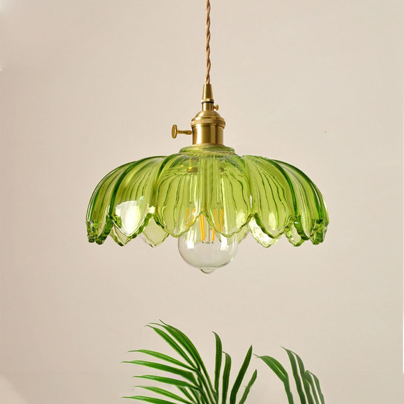 Lámpara de techo con pantalla de cristal floral, color verde, cable ajustable de 10 pulgadas, casquillo E27 para comedor, cocina, pasillo, detalle en cobre vintage, iluminación para el hogar | Thomler