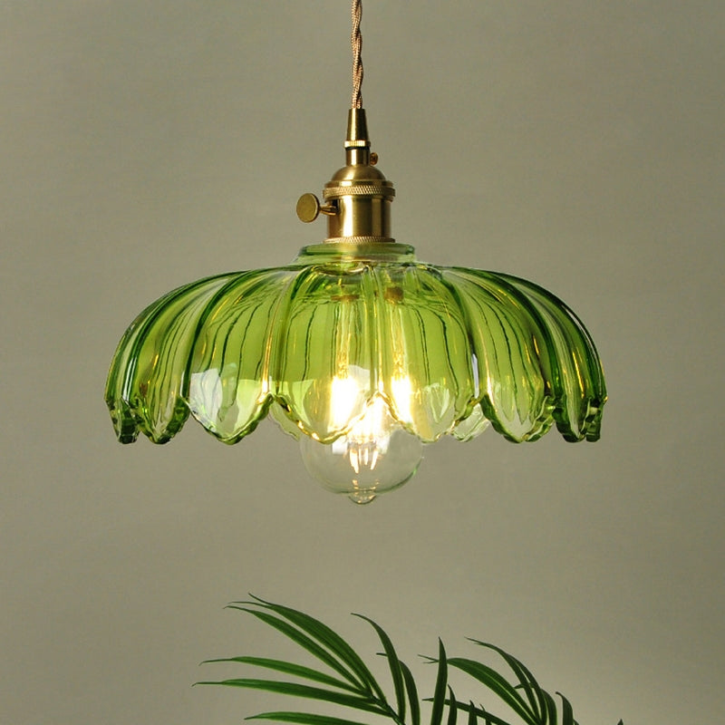 Lámpara de techo con pantalla de cristal floral, color verde, cable ajustable de 10 pulgadas, casquillo E27 para comedor, cocina, pasillo, detalle en cobre vintage, iluminación para el hogar | Thomler