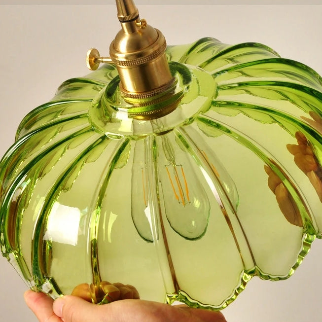 Lámpara de techo con pantalla de cristal floral, color verde, cable ajustable de 10 pulgadas, casquillo E27 para comedor, cocina, pasillo, detalle en cobre vintage, iluminación para el hogar | Thomler