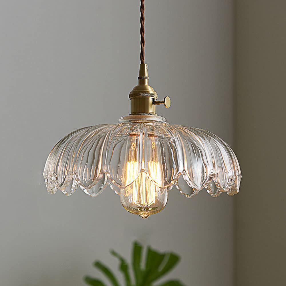 Lámpara de techo con pantalla de cristal floral, color verde, cable ajustable de 10 pulgadas, casquillo E27 para comedor, cocina, pasillo, detalle en cobre vintage, iluminación para el hogar | Thomler
