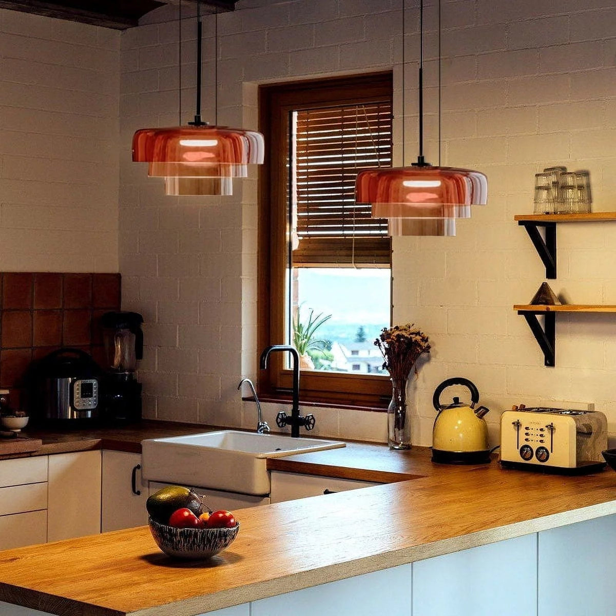 Lámpara colgante de vidrio en capas de 16.5" naranja para isla de cocina y mesa de comedor – Lámpara colgante con cable ajustable, LED incluido, estilo escandinavo moderno | Thomler