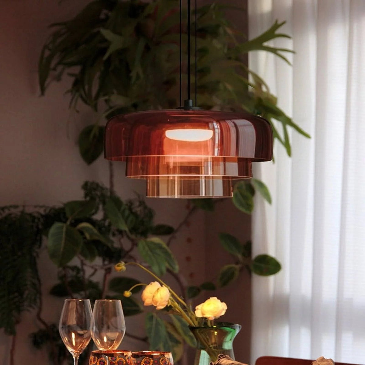 Lámpara colgante de vidrio en capas de 16.5" naranja para isla de cocina y mesa de comedor – Lámpara colgante con cable ajustable, LED incluido, estilo escandinavo moderno | Thomler