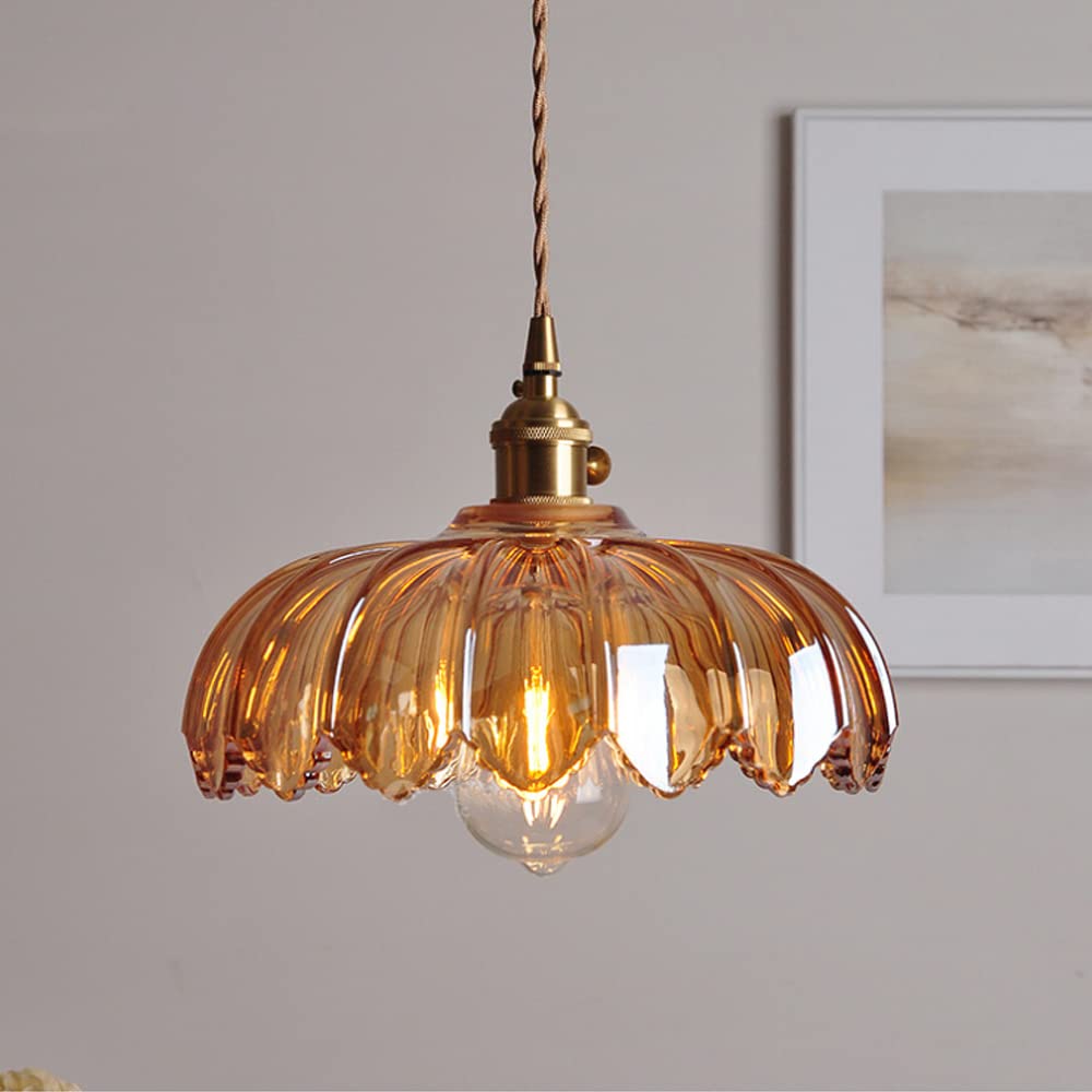 Lámpara de techo con pantalla de cristal floral, color verde, cable ajustable de 10 pulgadas, casquillo E27 para comedor, cocina, pasillo, detalle en cobre vintage, iluminación para el hogar | Thomler