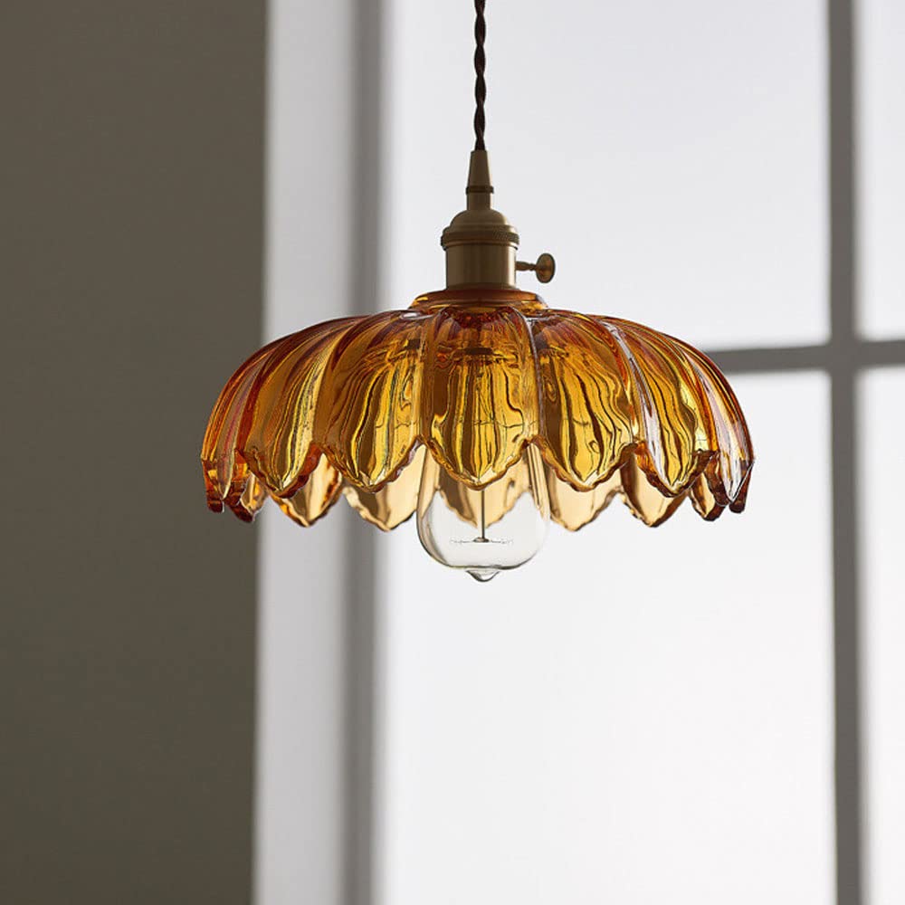 Lámpara de techo con pantalla de cristal floral, color verde, cable ajustable de 10 pulgadas, casquillo E27 para comedor, cocina, pasillo, detalle en cobre vintage, iluminación para el hogar | Thomler