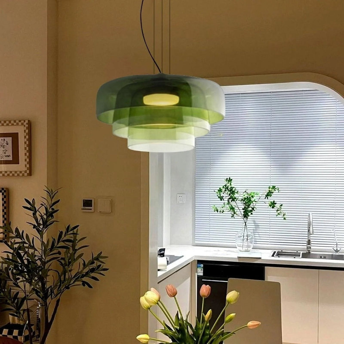 Lámpara colgante de vidrio en capas de 16.5" naranja para isla de cocina y mesa de comedor – Lámpara colgante con cable ajustable, LED incluido, estilo escandinavo moderno | Thomler