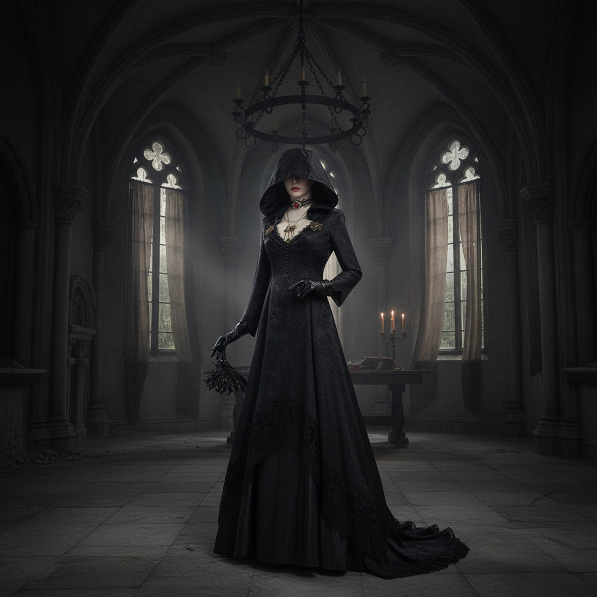 Disfraz de vampira gótica para Halloween, vestido negro con capucha, gargantilla de encaje con colgante y guantes