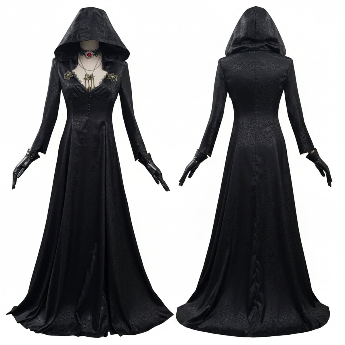 Disfraz de vampira gótica para Halloween, vestido negro con capucha, gargantilla de encaje con colgante y guantes