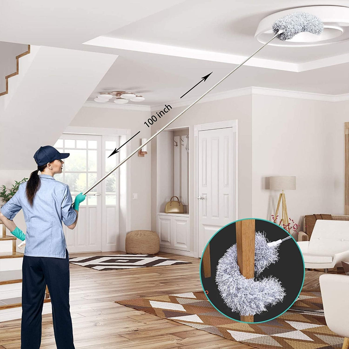 Extendable Microfiber Duster with Bendable Head 34–110 Inches for High Ceilings Fans Cobwebs Washable Lightweight Gray Pole Household Indoor | Thomler