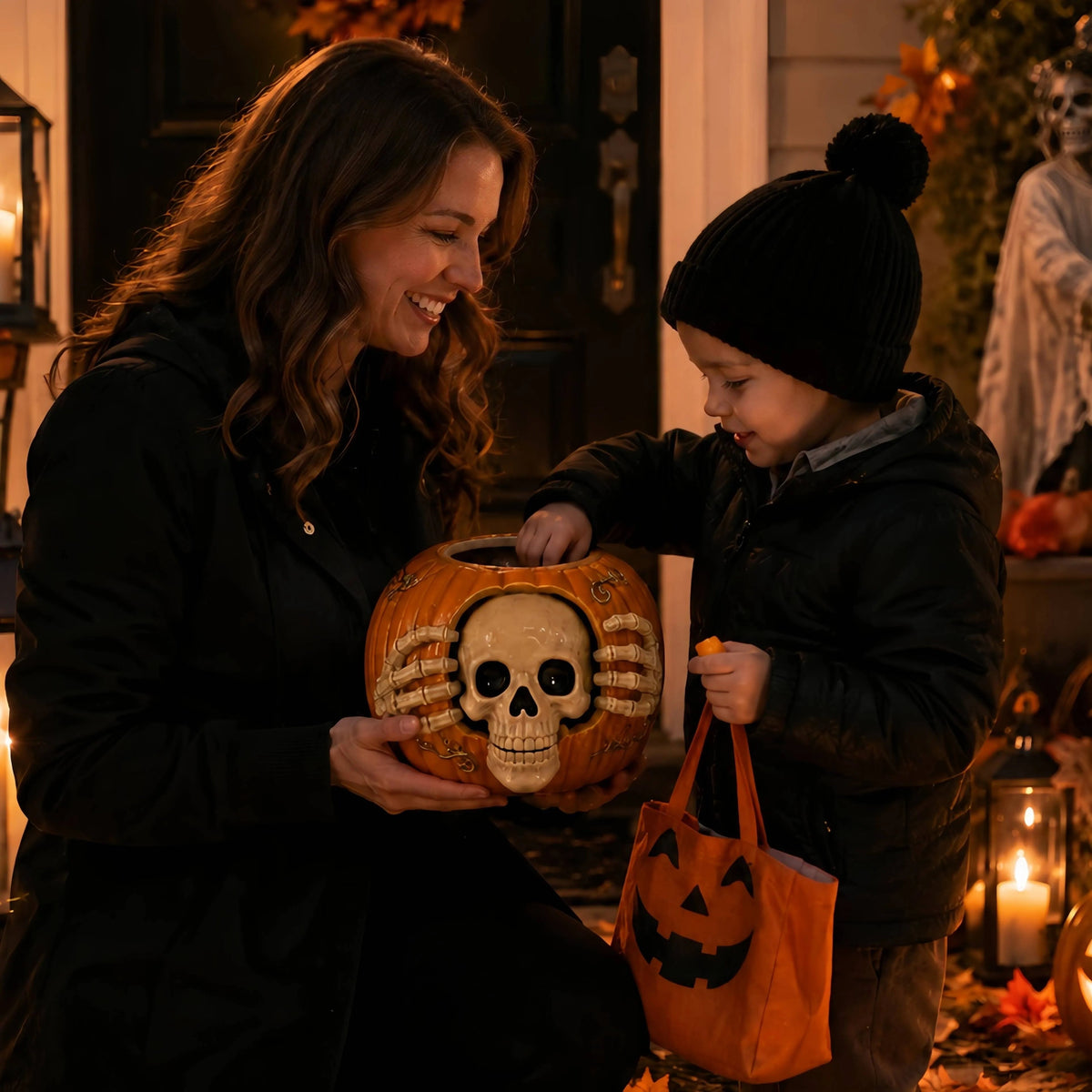 Halloween Candy Jar Skull Pumpkin Candy Jar With Top Hat And Skeleton Hands Open Container Design For Storing Treats