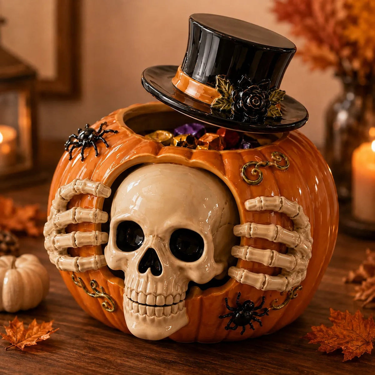 Halloween Candy Jar Skull Pumpkin Candy Jar With Top Hat And Skeleton Hands Open Container Design For Storing Treats