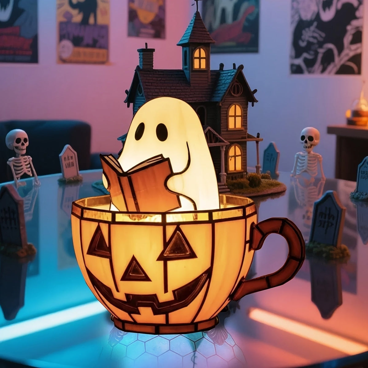Halloween Ghost Figurine Reading Book With Integrated Internal Lighting Lighted Indoor Tabletop Decoration For Decor