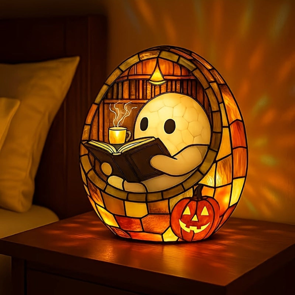 Halloween spookfiguurtje lezend in een boek met geïntegreerde verlichting, verlichte tafeldecoratie voor binnen voor decoratie
