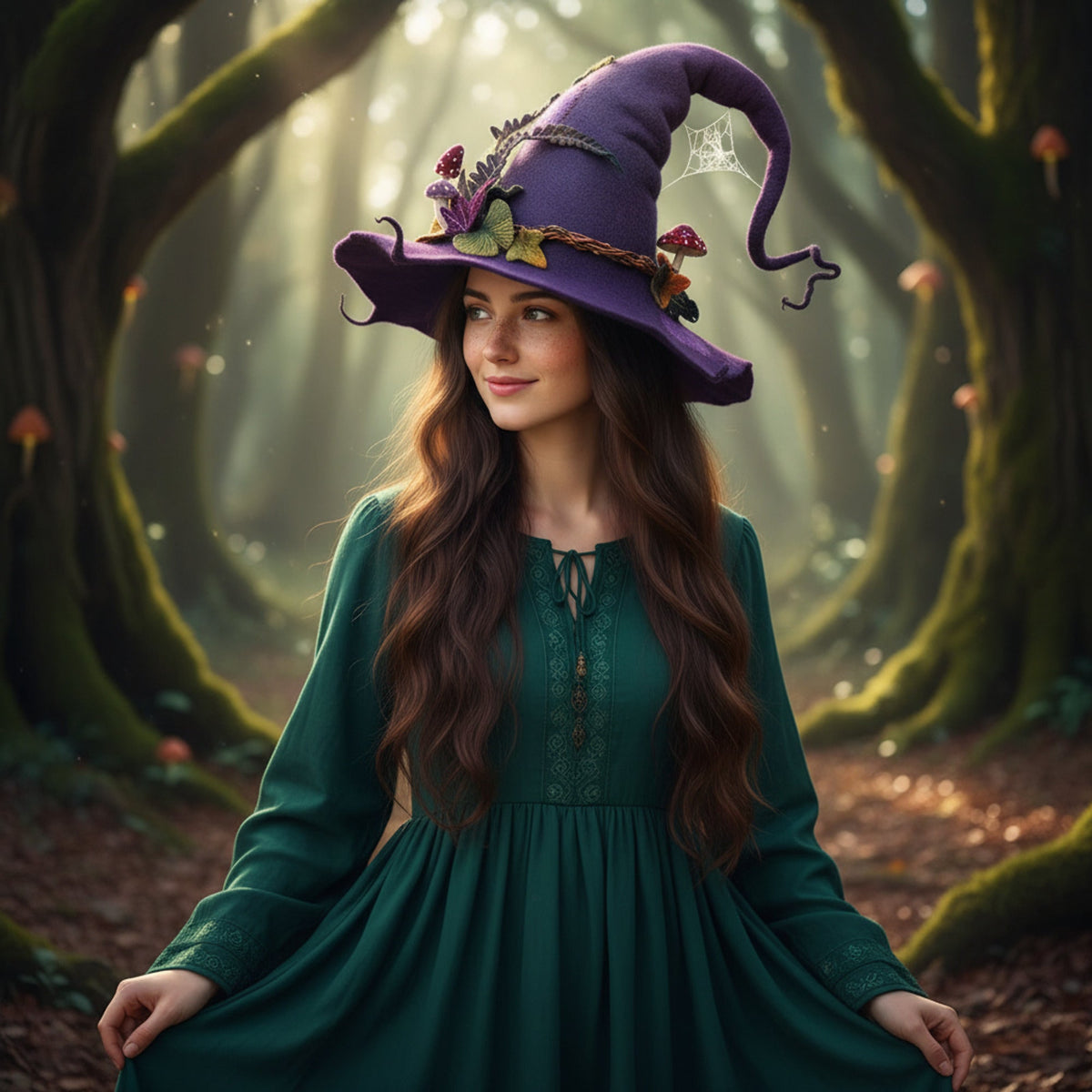 Sombrero de bruja para Halloween con lana afieltrada y bordado de telaraña