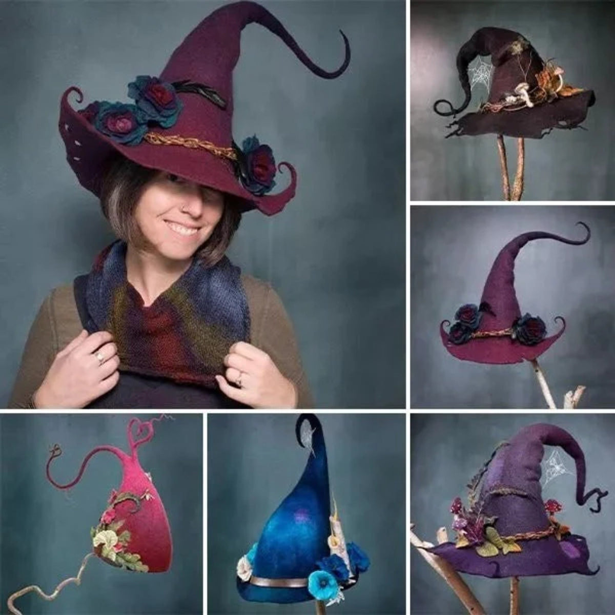 Sombrero de bruja para Halloween con lana afieltrada y bordado de telaraña