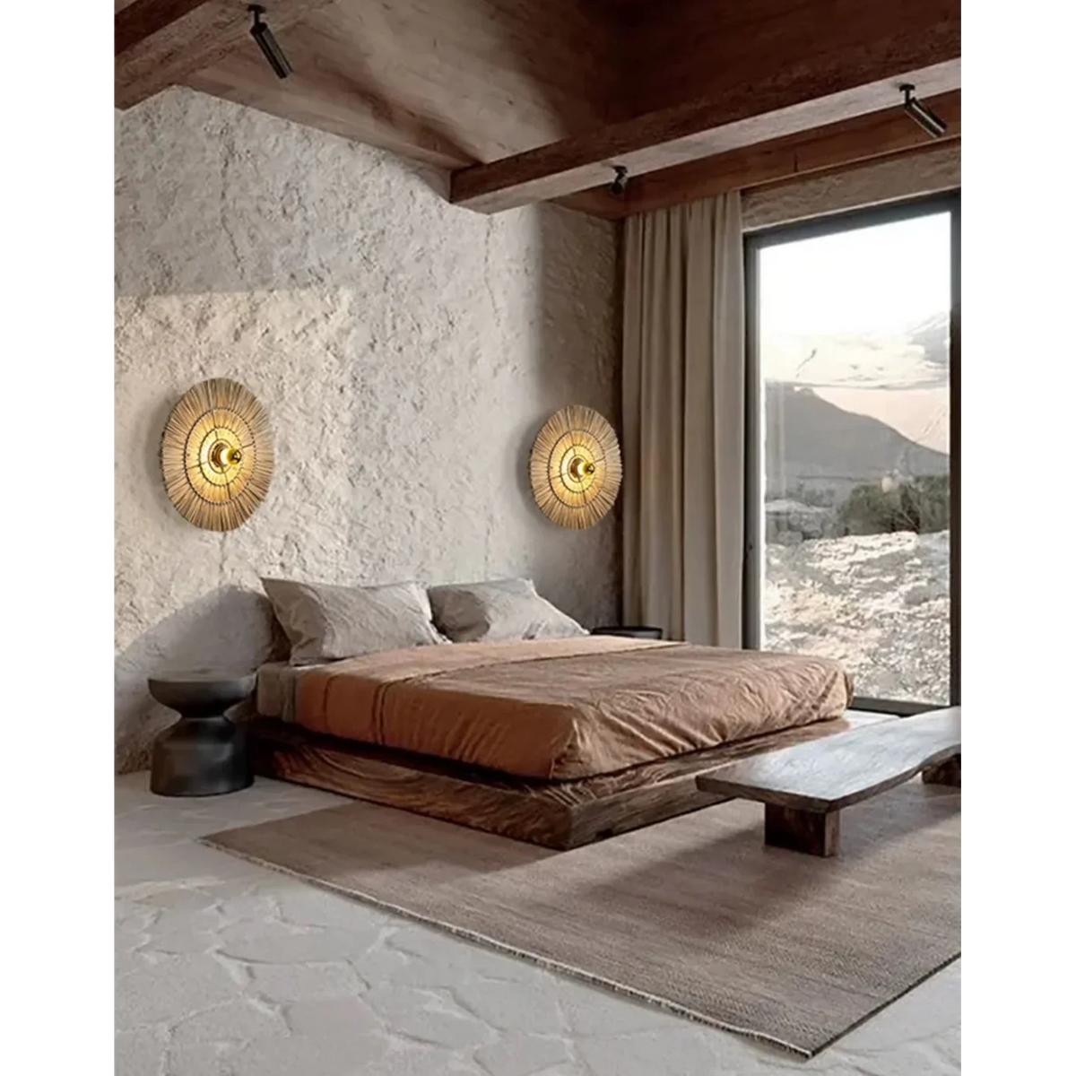 Handgeweven Wandlamp – Natuurlijk Bruine Rotan Wandmontage voor Slaapkamer, Hal of Woonruimte – 16", 24" of 32" Ronde Vorm | Thomler