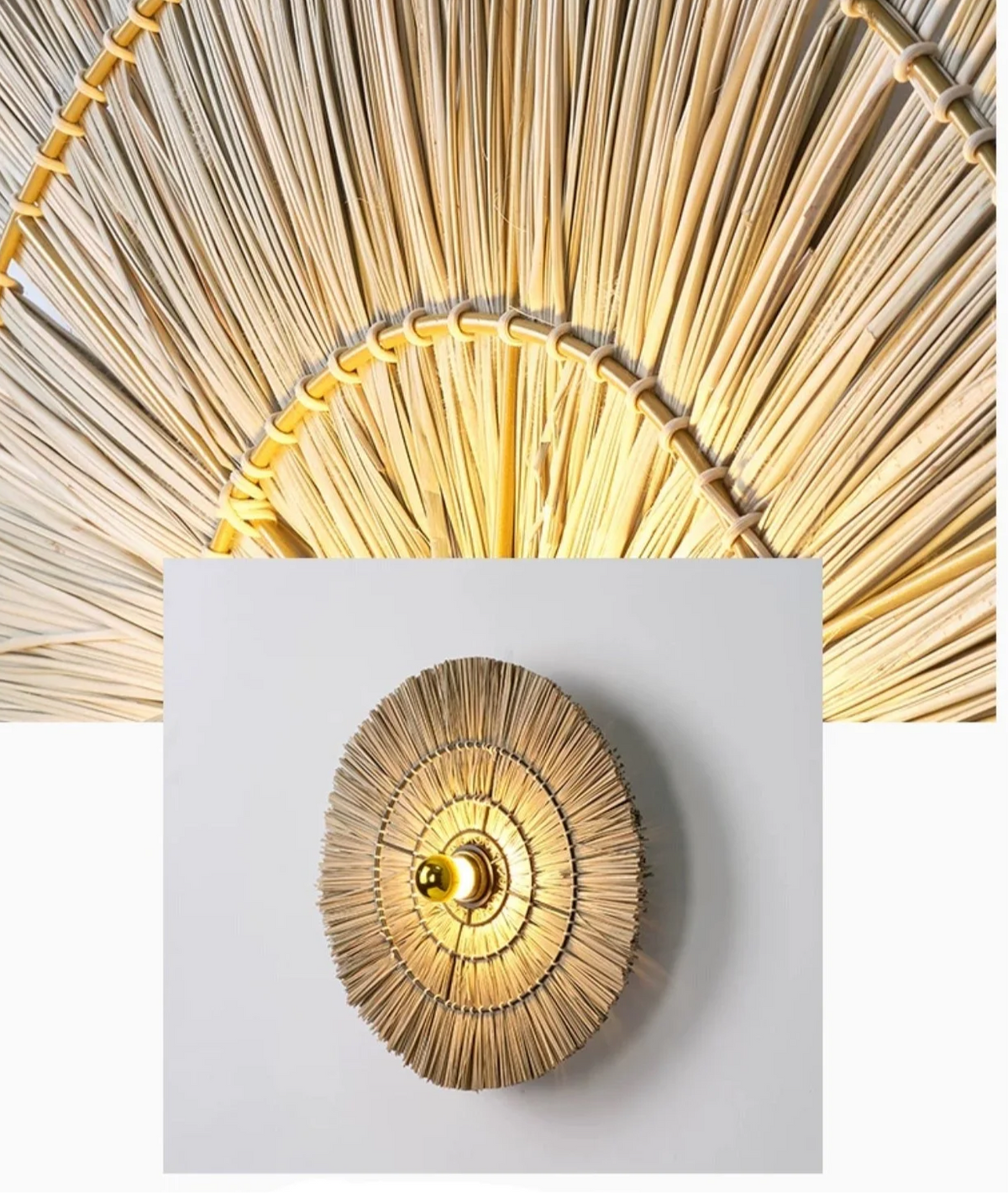 Handgeweven Wandlamp – Natuurlijk Bruine Rotan Wandmontage voor Slaapkamer, Hal of Woonruimte – 16", 24" of 32" Ronde Vorm | Thomler