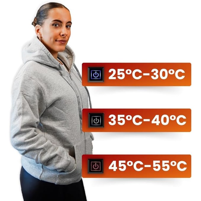 USB-Powered Heated Hoodie with Full Zip, Drawstring Hood & Adjustable Heat Zones for Winter Warmth