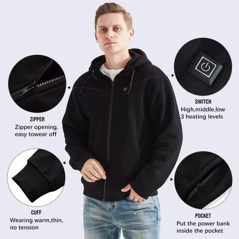 USB-Powered Heated Hoodie with Full Zip, Drawstring Hood & Adjustable Heat Zones for Winter Warmth