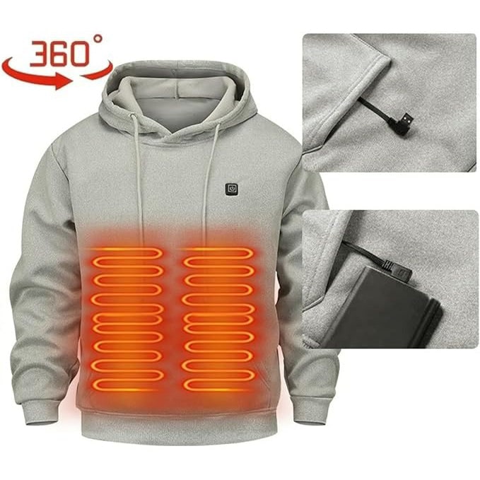 USB-Powered Heated Hoodie with Full Zip, Drawstring Hood & Adjustable Heat Zones for Winter Warmth
