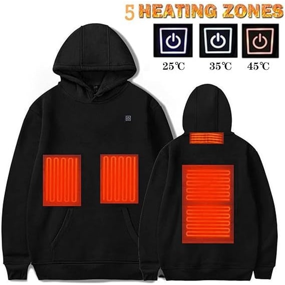 USB-Powered Heated Hoodie with Full Zip, Drawstring Hood & Adjustable Heat Zones for Winter Warmth