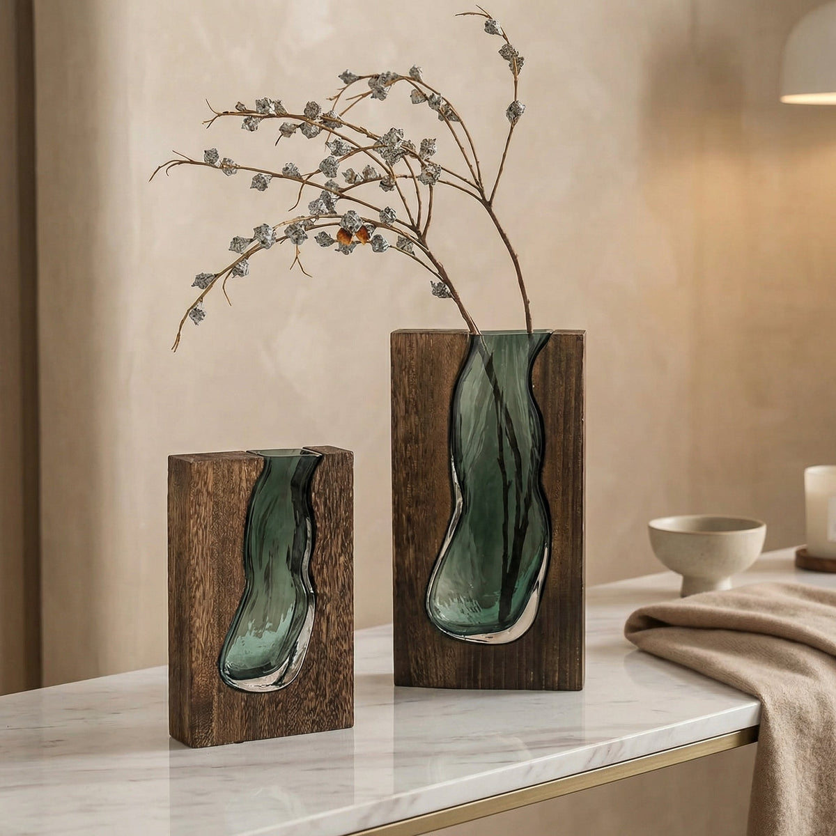 Crystal Glass Flower Vase with Organic Wood-Style Edge for Dining Room & Console Tables | Rustic Sculptural Accent | Thomler