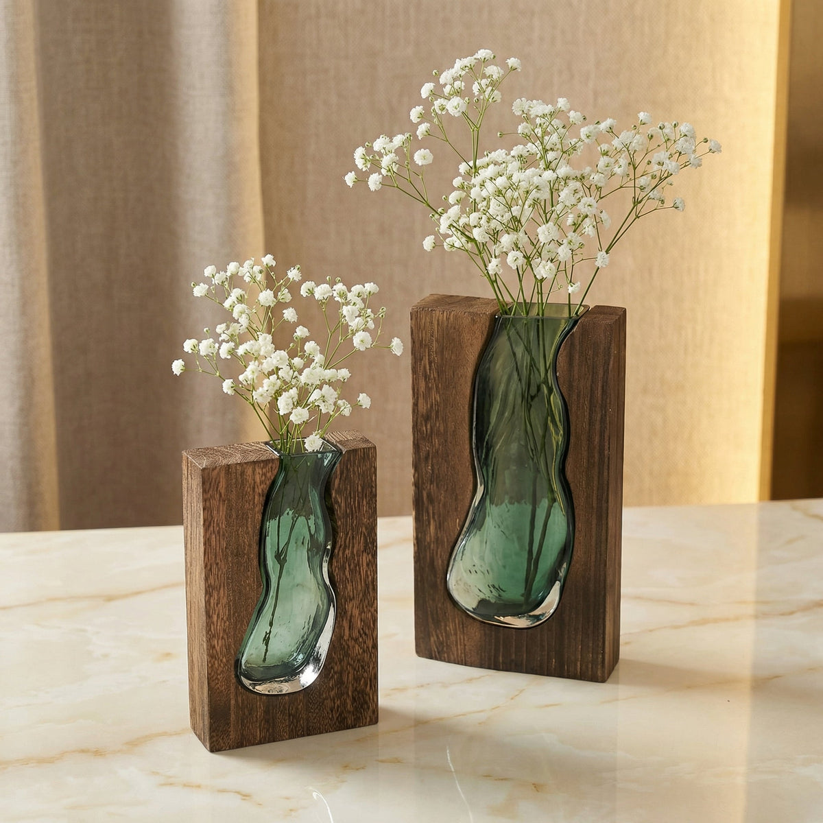 Crystal Glass Flower Vase with Organic Wood-Style Edge for Dining Room & Console Tables | Rustic Sculptural Accent | Thomler