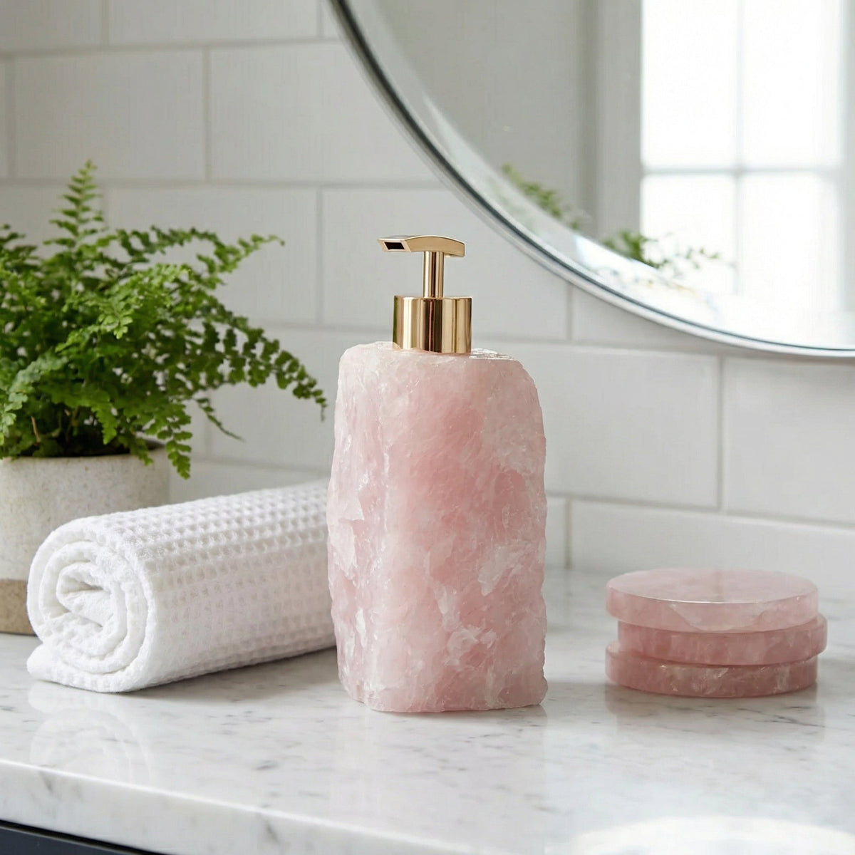 Gemstone Pump Bottle 6 Inches Tall Genuine Crystal Countertop Accent Powder Room Accessory Artisan Made Stone Dispenser for Liquid Hand Wash | Thomler