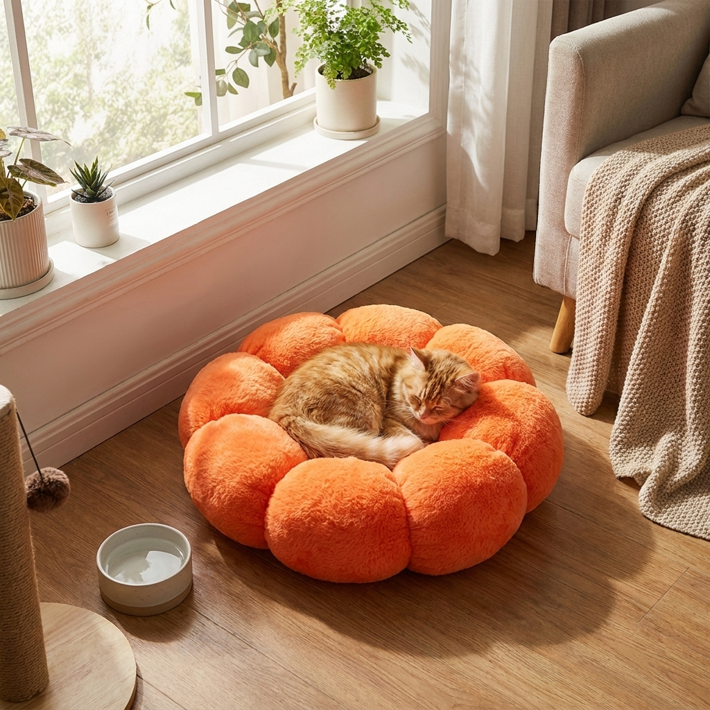Cama de felpa para mascotas con borde elevado en forma de pétalos y relleno de poliéster, disponible en tres tamaños