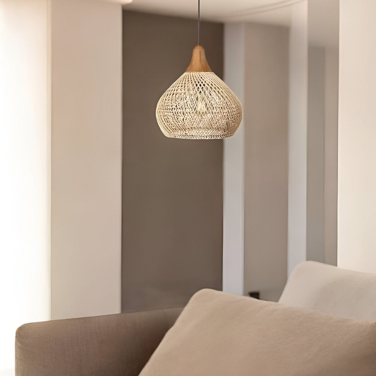 Woven Wicker Ceiling Light 20 in Natural Fiber Shade for Kitchen Island Dining Room Overhead Boho Farmhouse Organic Texture Rope Hanging Fix | Thomler