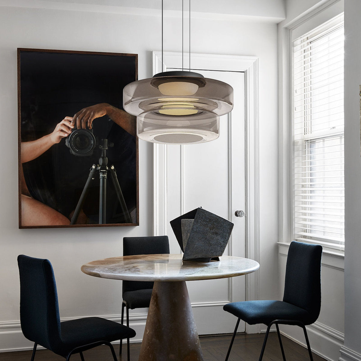 Stacked Glass Shade Ceiling Fixture 18 in Diameter Adjustable Height 12W Warm LED Kitchen Island Dining Room Modern Sculptural Hanging Light | Thomler