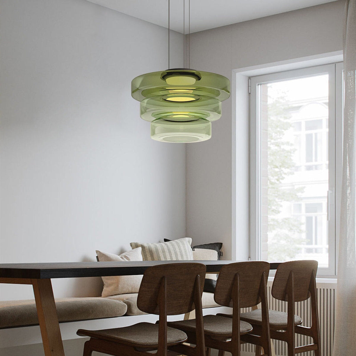 Stacked Glass Shade Ceiling Fixture 18 in Diameter Adjustable Height 12W Warm LED Kitchen Island Dining Room Modern Sculptural Hanging Light | Thomler