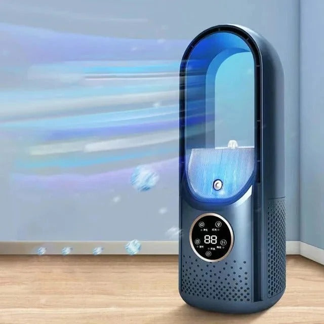 Fluisterstille desktop-koelventilator, bladeloze tafelventilator, wit/blauw, voor kantoor, slaapkamer, studeerkamer, zomerkoeling, compact en draagbaar