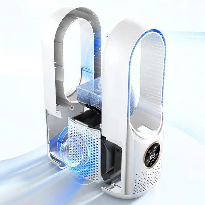 Fluisterstille desktop-koelventilator, bladeloze tafelventilator, wit/blauw, voor kantoor, slaapkamer, studeerkamer, zomerkoeling, compact en draagbaar