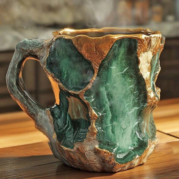 Kristall-strukturierte Kaffeetasse mit reflektierender Mineraloberfläche und poliertem Henkel