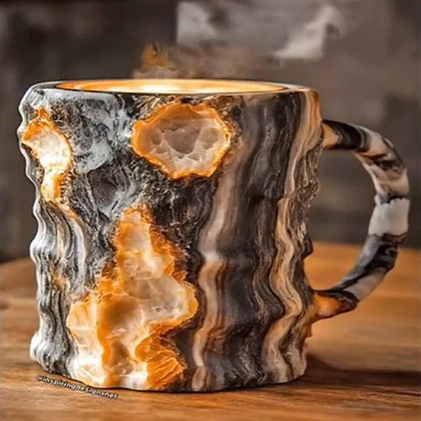 Kristall-strukturierte Kaffeetasse mit reflektierender Mineraloberfläche und poliertem Henkel