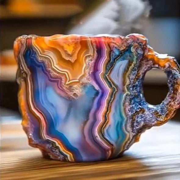 Kristall-strukturierte Kaffeetasse mit reflektierender Mineraloberfläche und poliertem Henkel